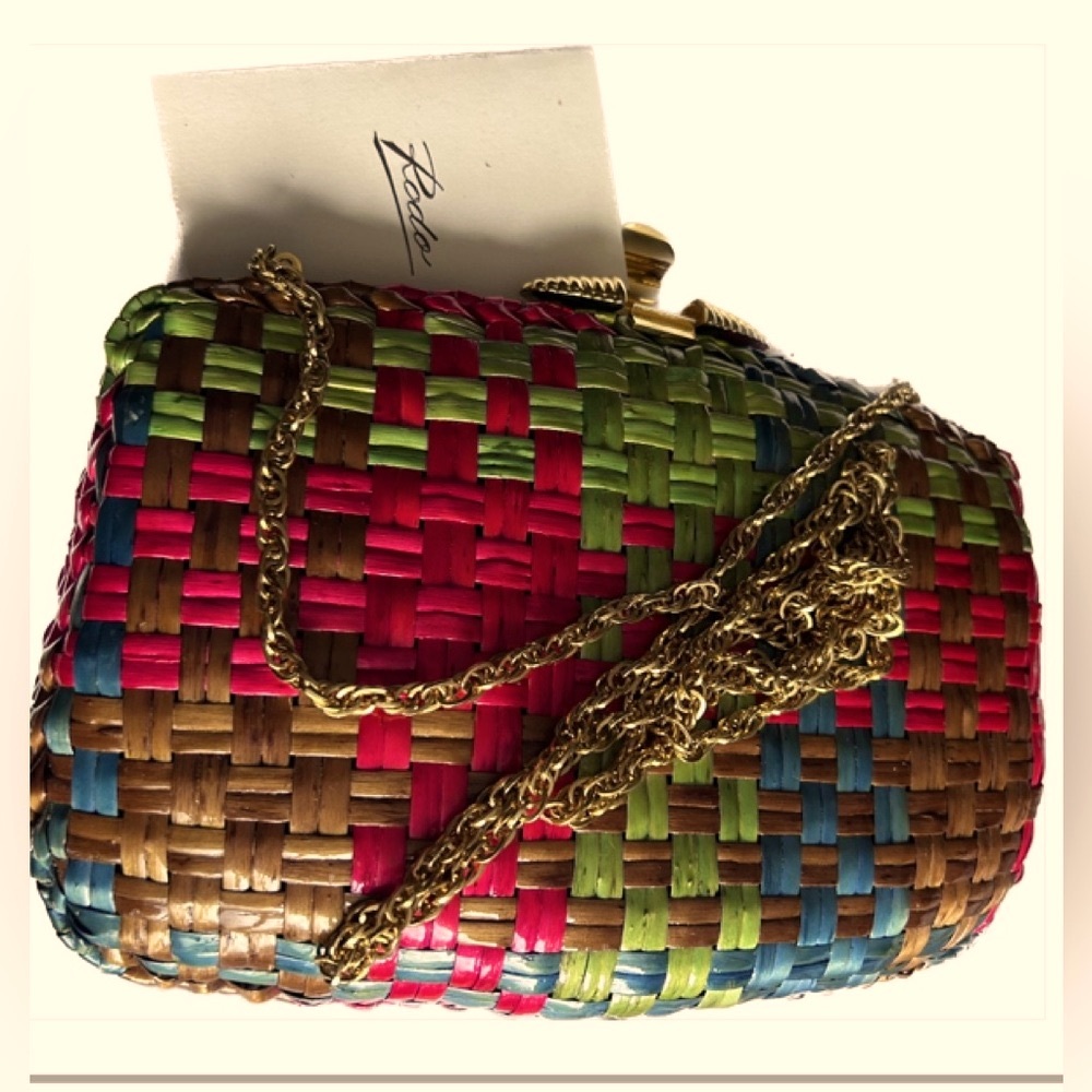 Rodo Multicolor Wicker Shoulder Clutch with Gold strap